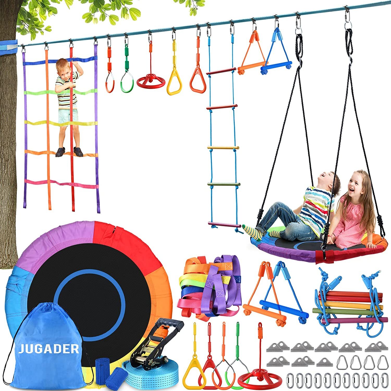 50FT Ninja Warrior Obstacle Course Slackline Monkey Bar Climbing Rope Swing Set