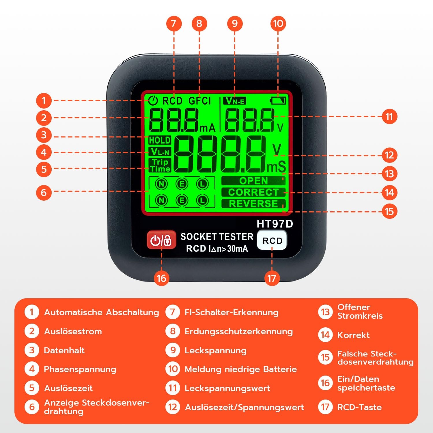 Socket Tester, Socket Tester with RCD Test and LCD Voltage Display, 6 Ar...