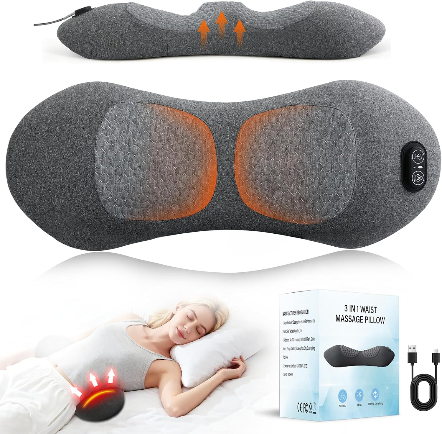 3-in-1 Electric Lumbar Support Pillow with Adjustable Height for Bed and Chair,