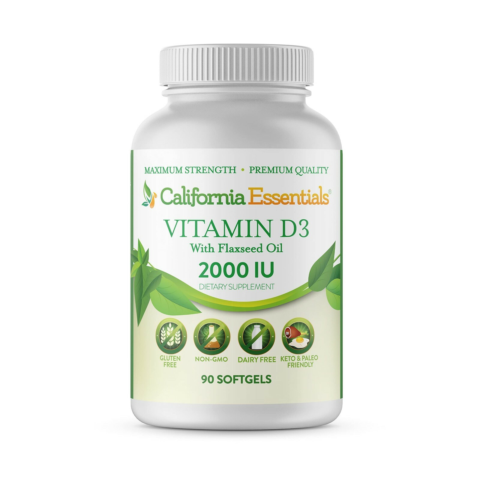 Vitamin D3 2000 IU 90 Softgels with Flaxseed Oil Cholecalciferol Bone Support