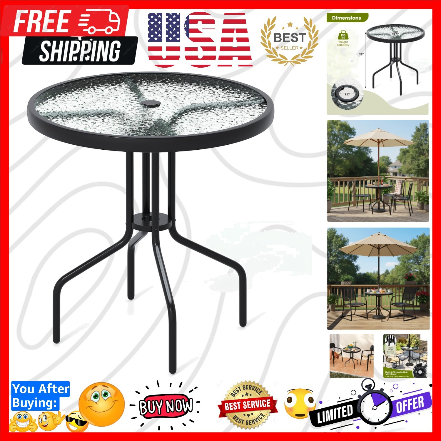 27.5 Inch Round Outdoor Dining Table with Tempered Glass Top, Outside Bistro ...