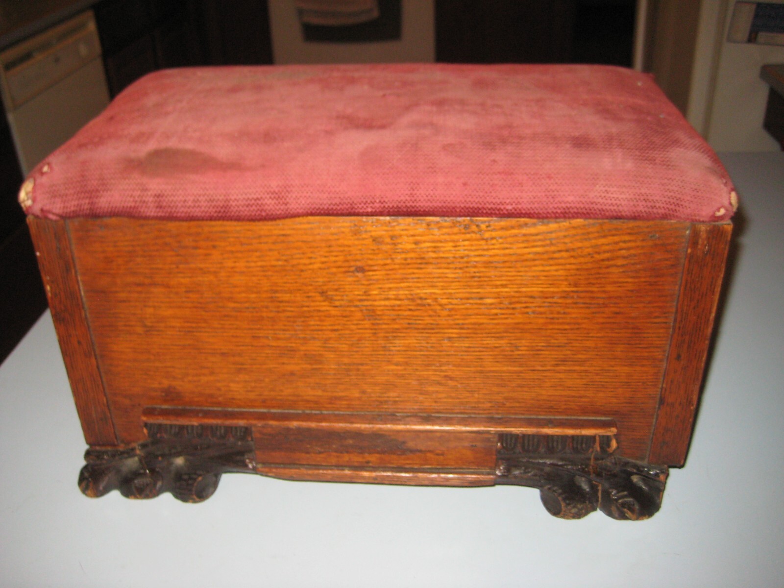 Antique Victorian Oak Claw Foot Stool Mohair top Wood frame for Restoration