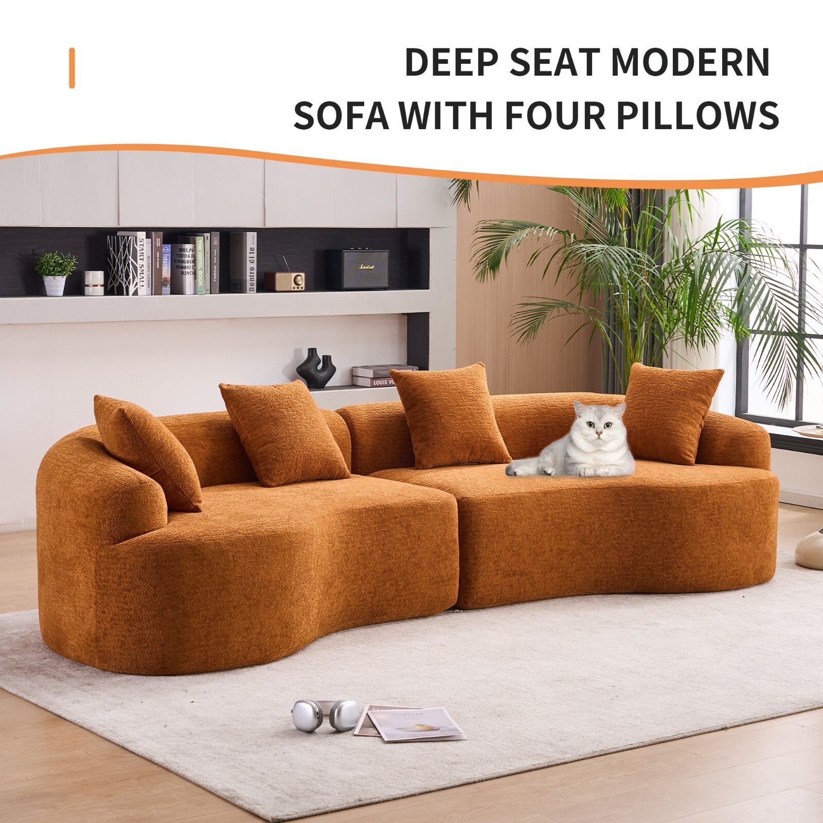 4-Seater Sectional Sofa Orange Chenille - w/4 Pillows, No Assembly, Pet Friendly