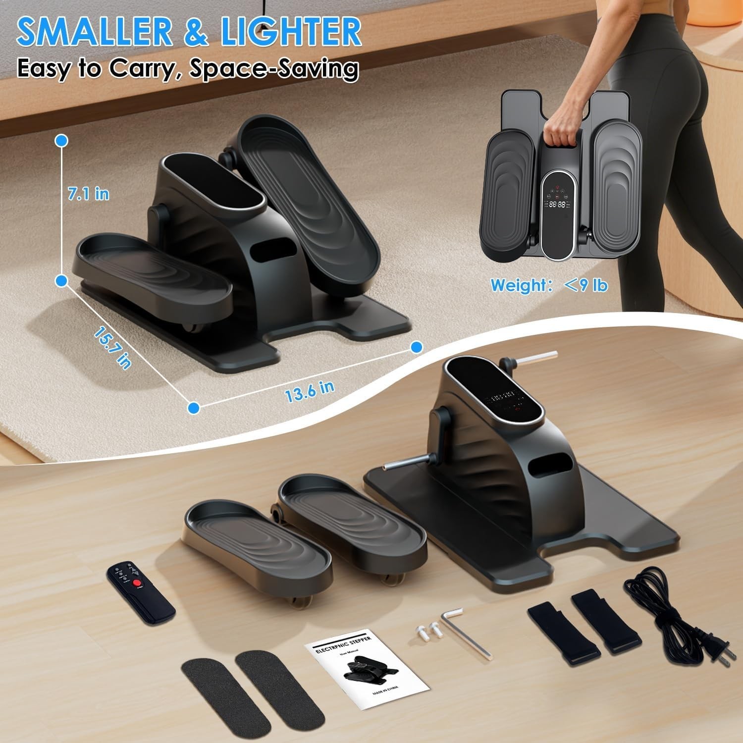 Under Desk Elliptical Pedal Exerciser 15-Speed Remote Forward Reverse Home Use