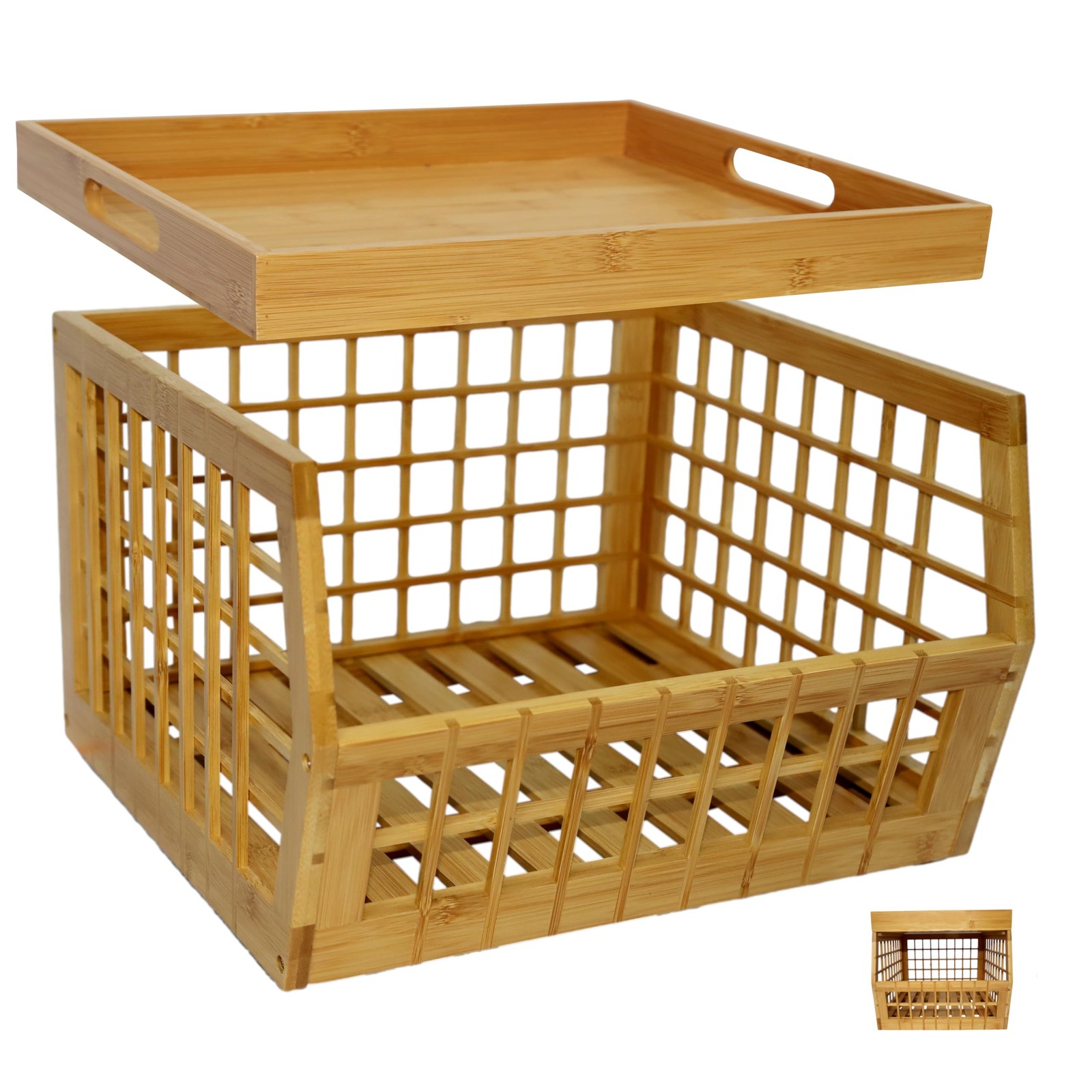 Bamboo Storage Bin - Multipurpose, Stackable Open Front Storage Bin with Bamb...