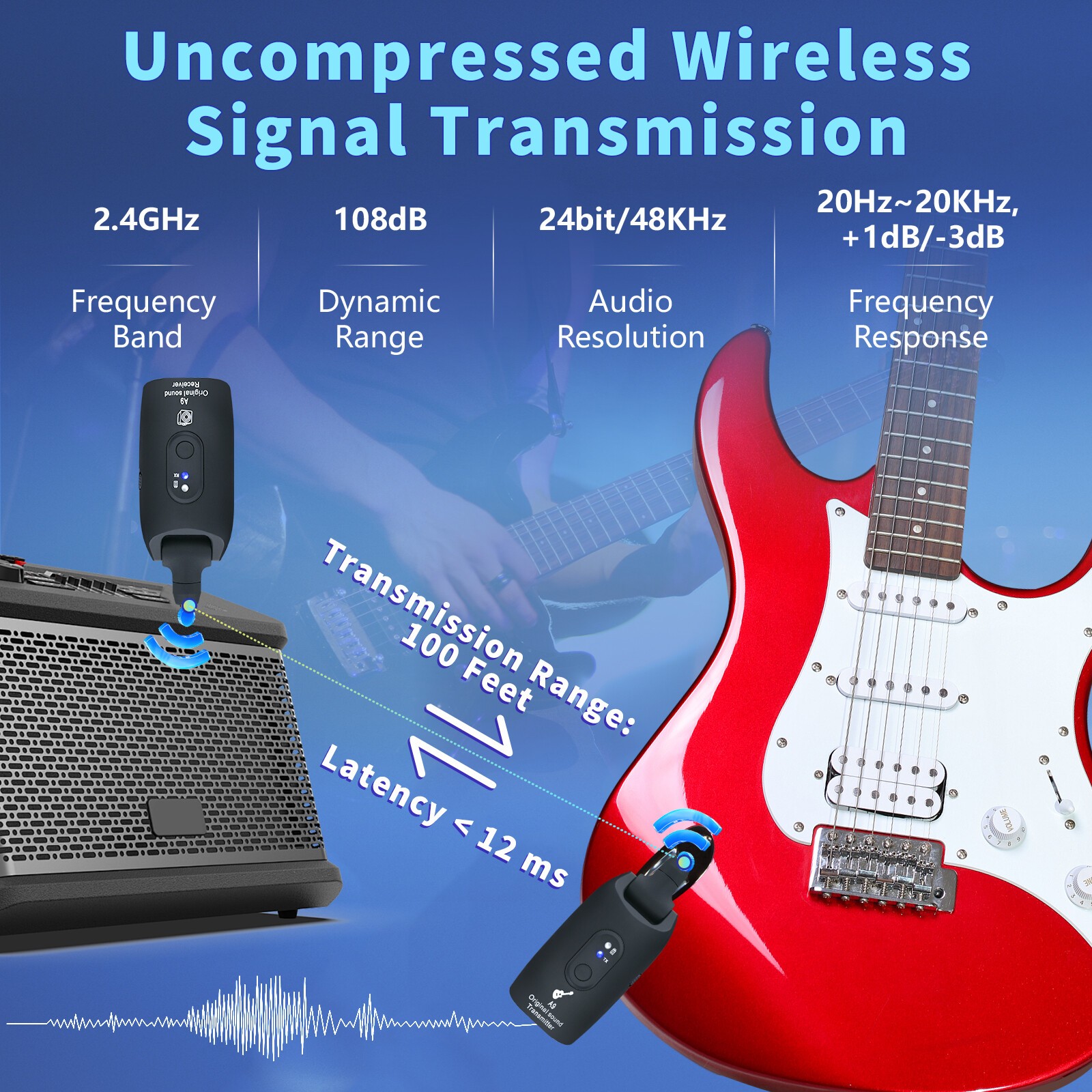 2.4GHz Wireless Guitar System Guitar Transmitter Receiver 100ft Rechargeable