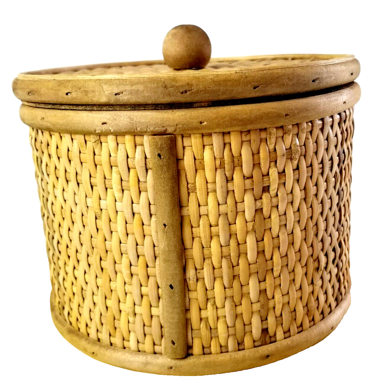 Round Rattan Cane Wood Keep Sake Box Lid 7 x 6" Wood Base
