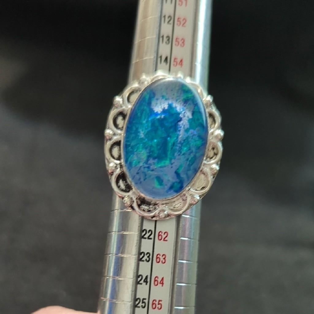 Silver Plated Blue Australian Triplet Opal Gemstone Statement Ring - Size 8.5