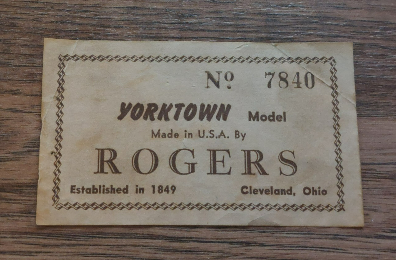 Vintage Rogers Yorktown Internal Drum Badge Tag Label c/w Serial Number (639)