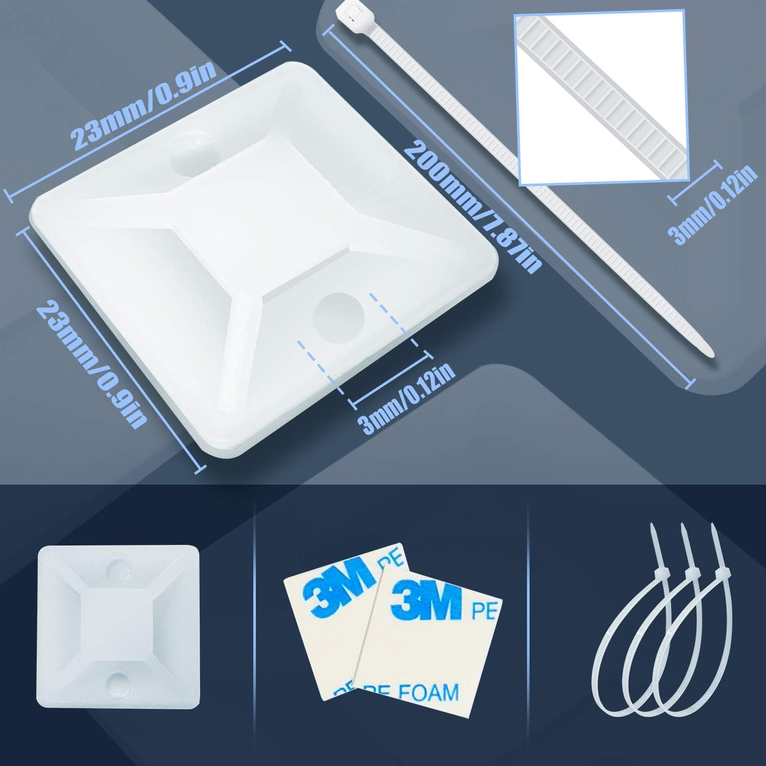 4/5" 100 Pack Zip Tie Mount with Cable Ties,Self Adhesive-Backed Mounts for Wire