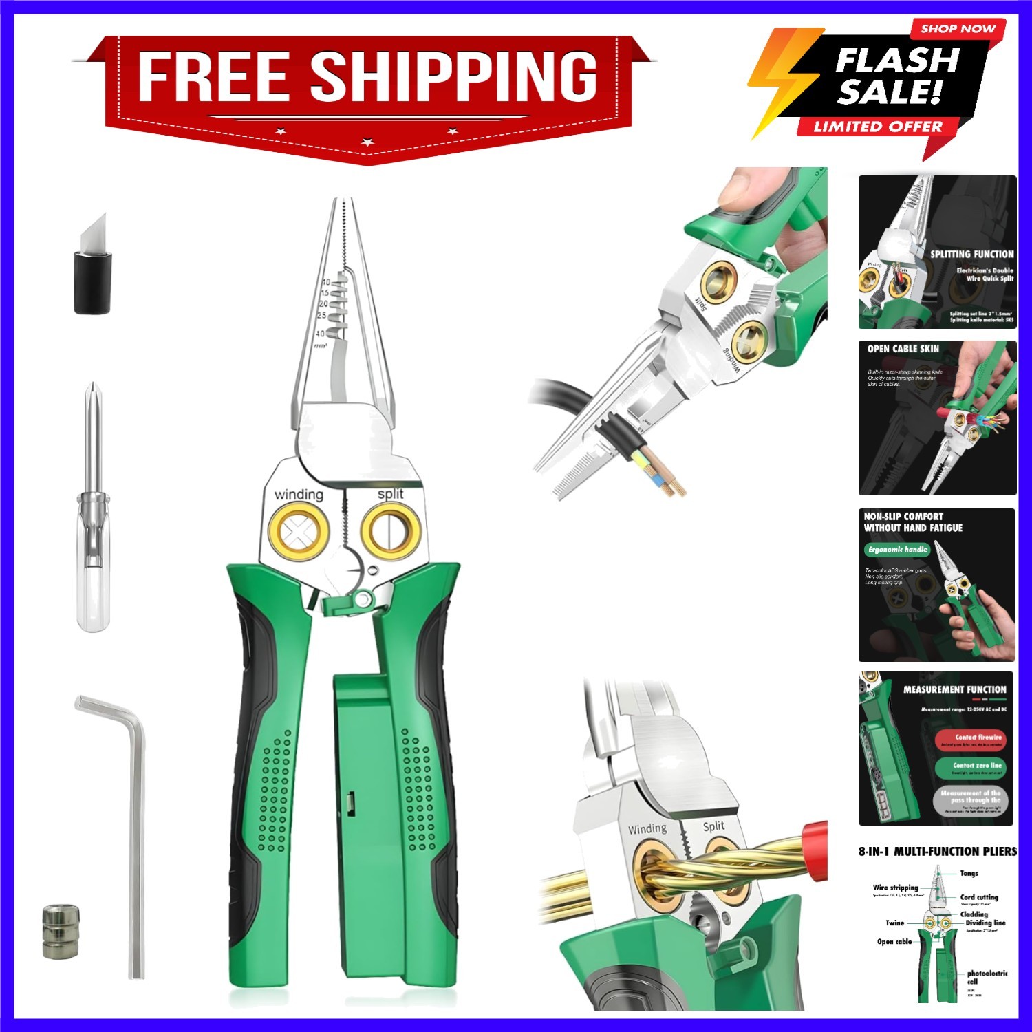 8-in-1 Wire Cutter/Wire Stripper with Voltage Tester and 12-250V AC/DC Dual A...