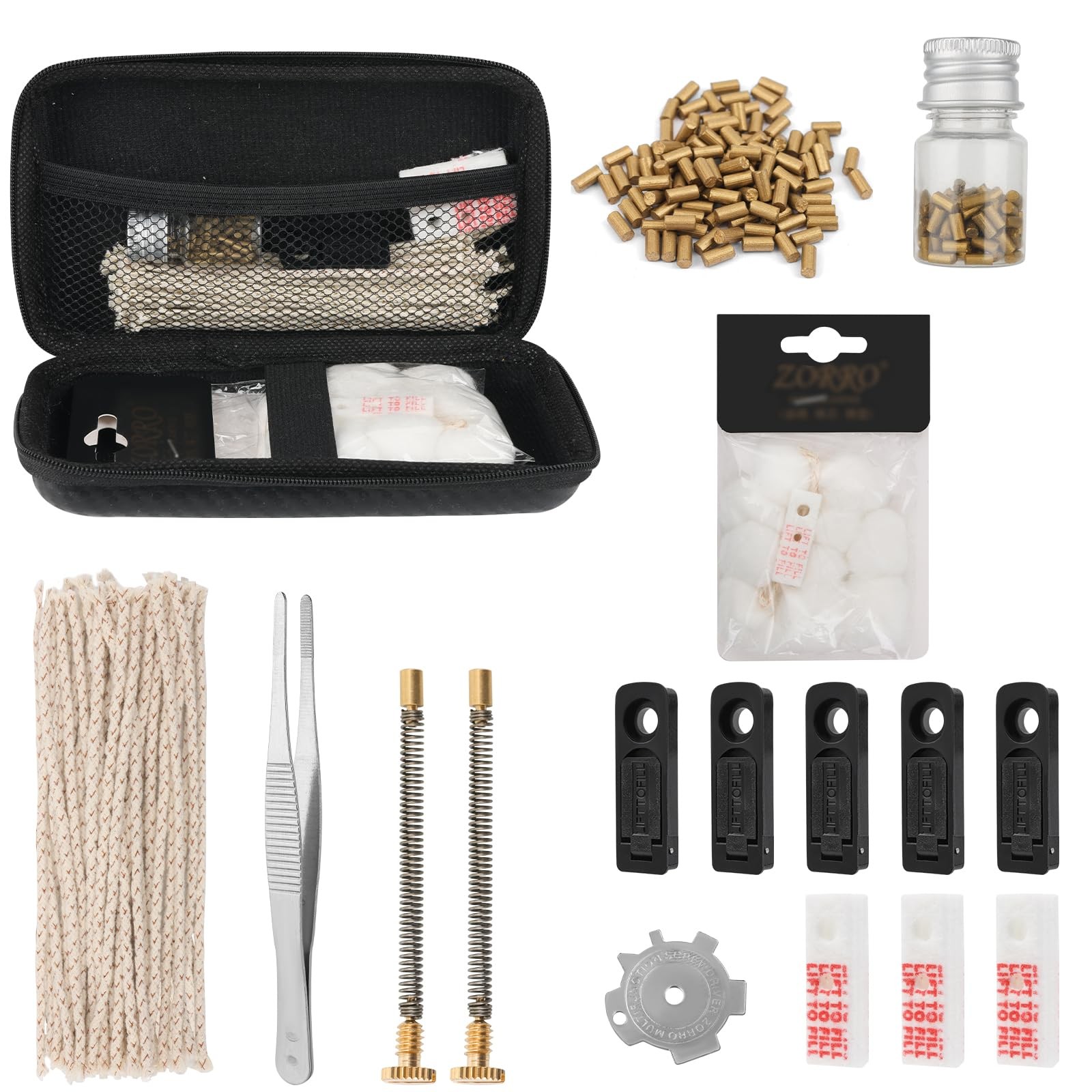Lighter Repair Kit, with Flints, Wicks, Cotton, Screws & Felt Pads - Black