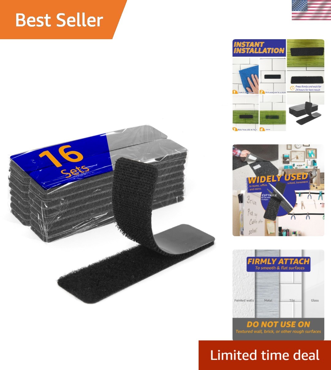 Versatile 1x4 Inch Hook & Loop Strips - Strong Adhesive, 16 Sets for All Uses