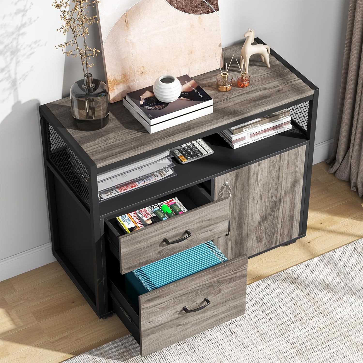 Modern 2 Drawers File Cabinet, Mobile Wood Lockable Lateral Cabinet with Wheels
