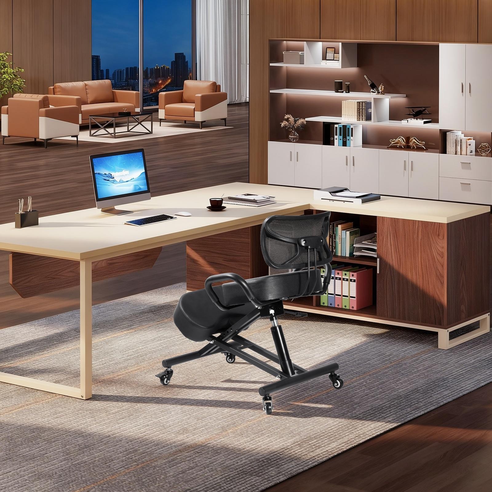 Ergonomic Kneeling Chair with Backrest and Wheels, X-Shaped Design