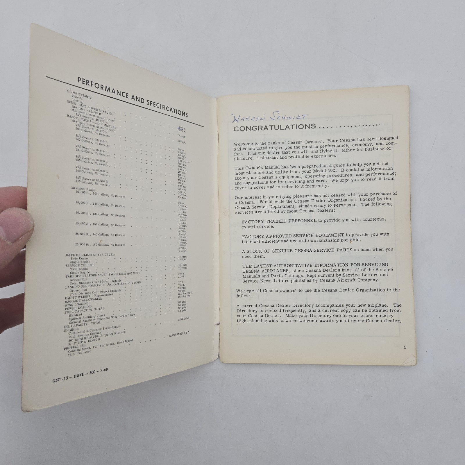 Vintage 1967 Cessna Model 402 Owner's Manual