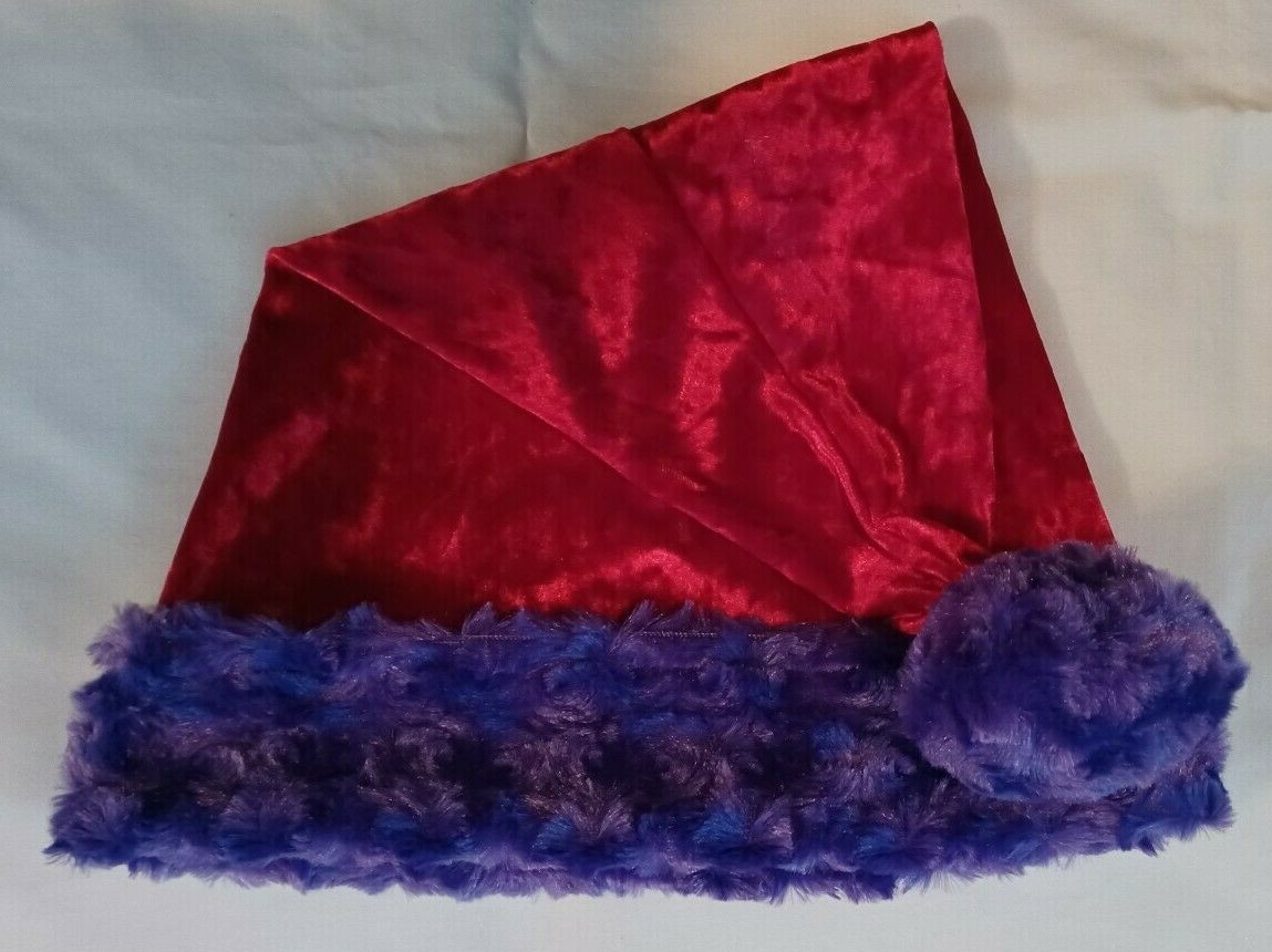 24" RED Santa HAT SOCIETY with PURPLE trim & ball faux swirl fur Diva