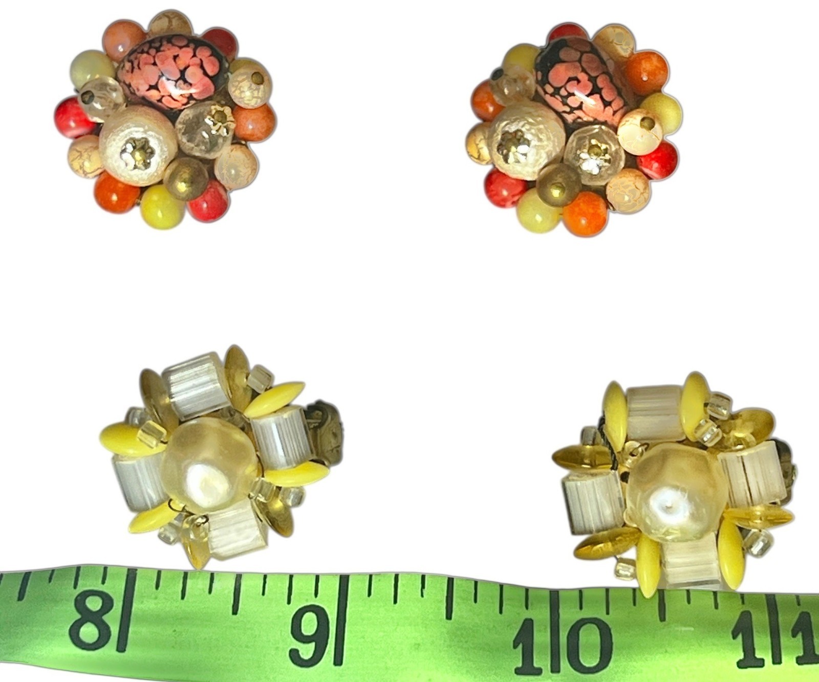 Clip-On Earrings Lot Of 2 Pairs Japan Yellow & White AND Peach OJ & White Retro