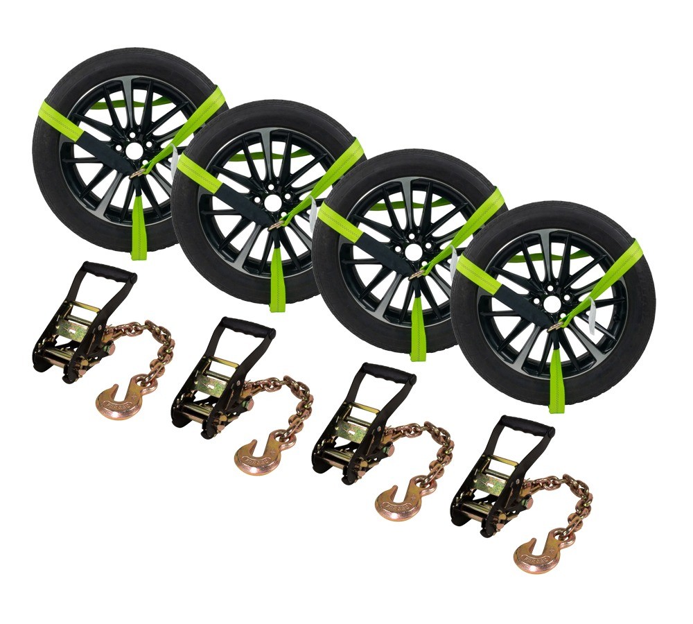 4Pk Car Tire Tie Down Ratchet Lasso Straps w/ Chain Anchor 3,335 # WLL 2"x8'