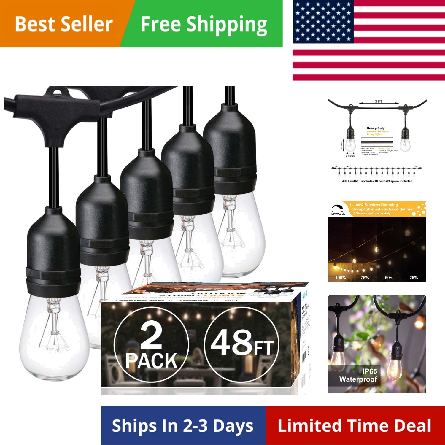 2 Pack 48FT Outdoor String Lights,Hanging Incandescent String Lights Commerci...