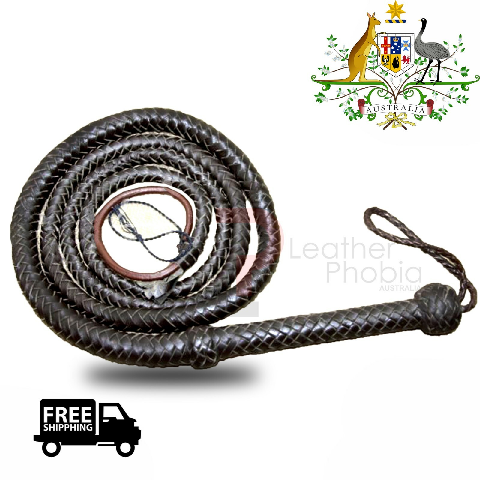 Genuine Cowhide Leather Rope Core Whip Au Bullwhip 08 Feet, 12 Plaits Dark Brown