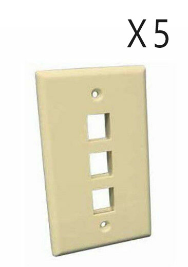 5 Pack Lot - Keystone 3 Hole Port Jack Wall Face Plate Network CAT5e CAT6 Ivory