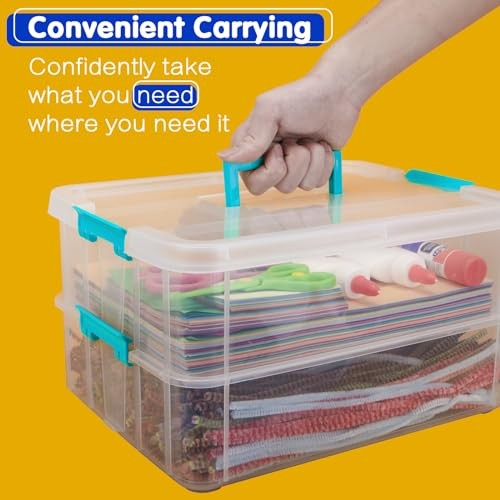 2 Layer Plastic Storage Containers with Lids, Multipurpose Clear Stack & Blue