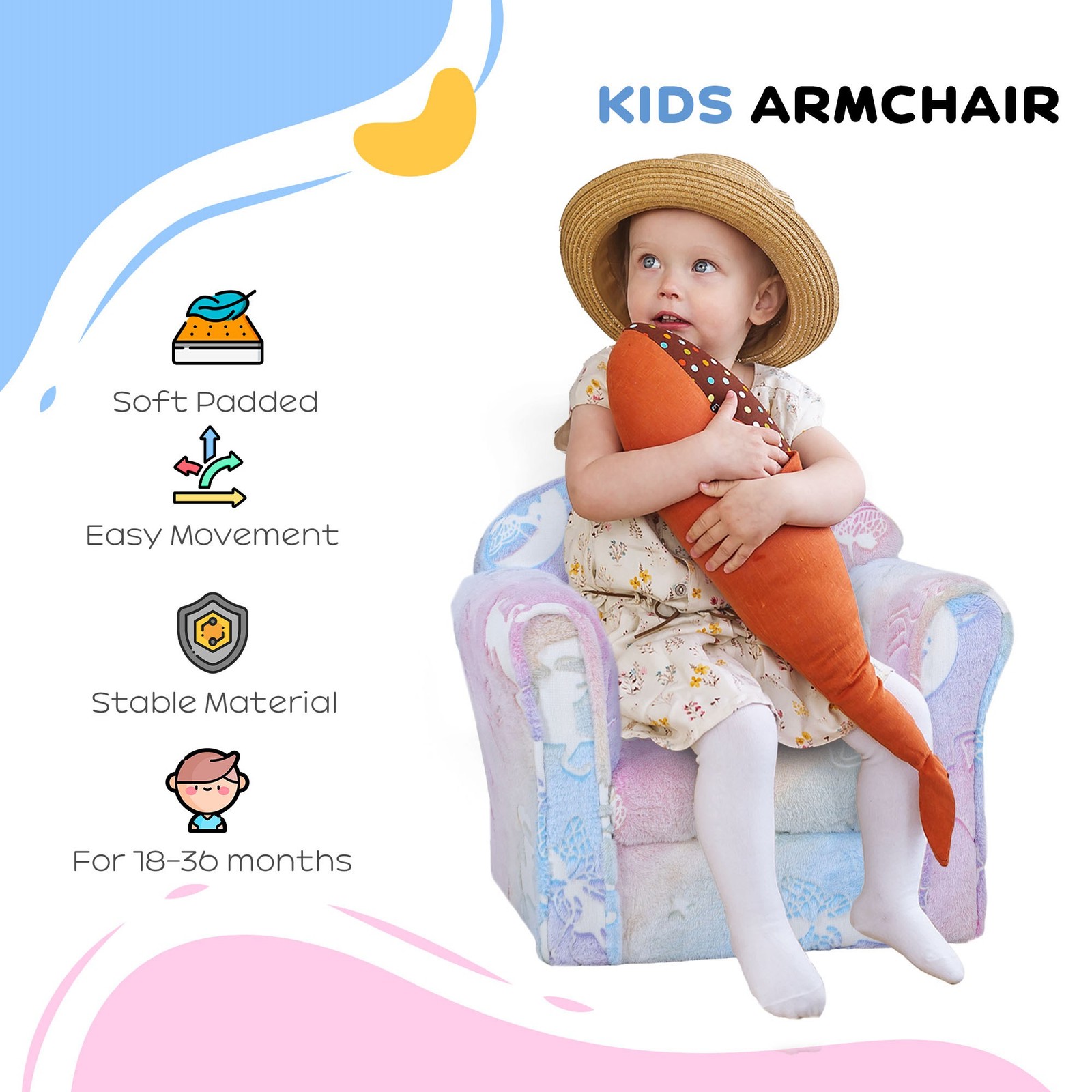 Kids Sofa Chair, Toddler Sofa with Glow in the Dark Fairy Design & Wooden Frame