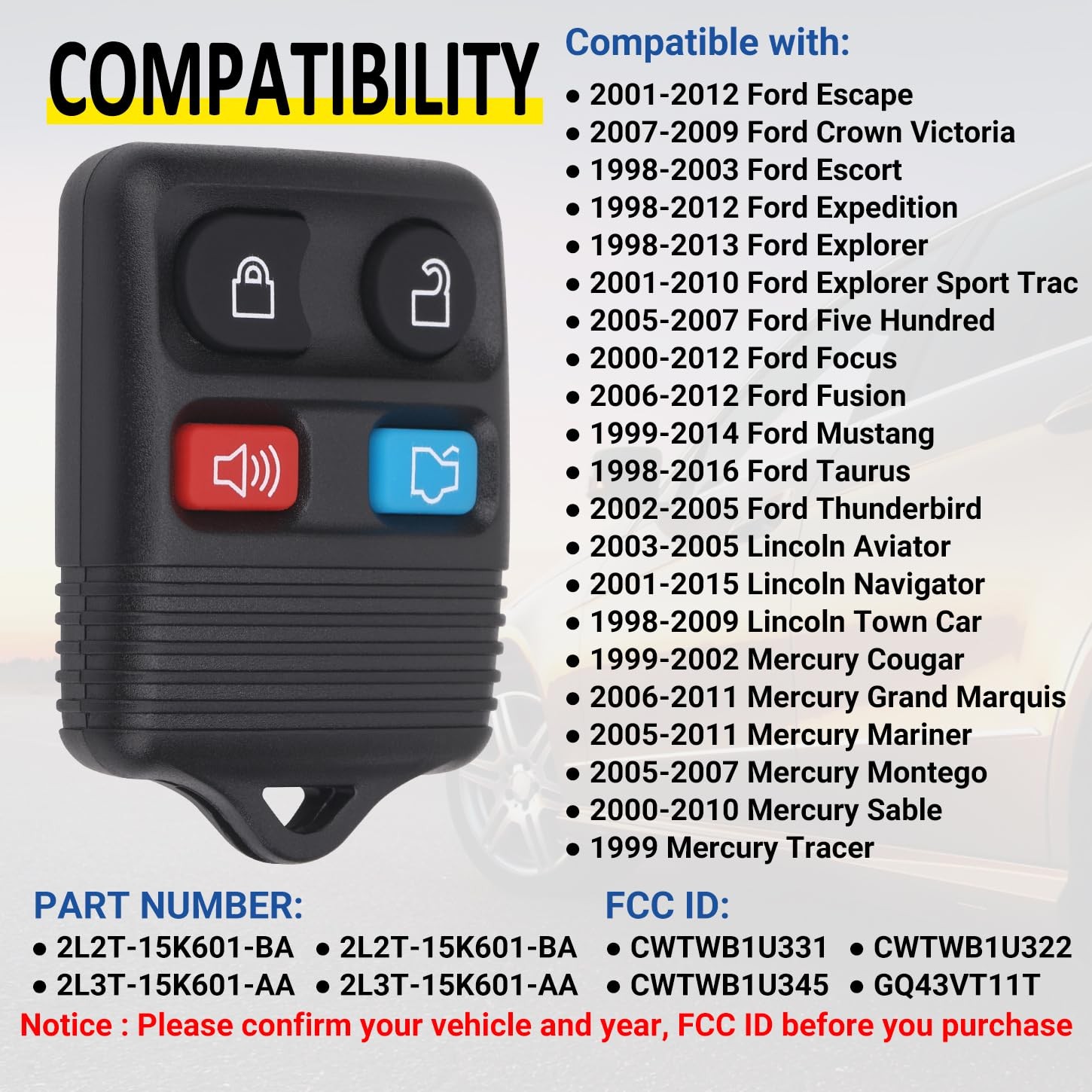 Keyless Entry Remote Key Fob Compatible with Ford Escape Explorer Expedition ...