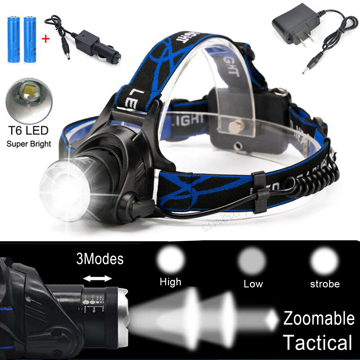 990000LM Rechargeable Head Light Zoomable Led Tactical Headlamp+Charger+Batt