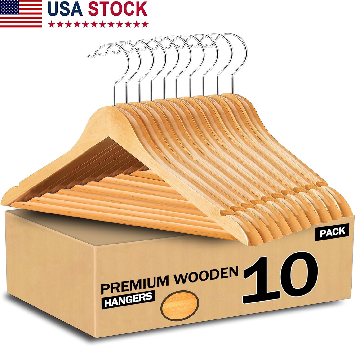 10Pack Wooden Hangers Home Coat Suit Clothes Hangers Premium Natural Finish US