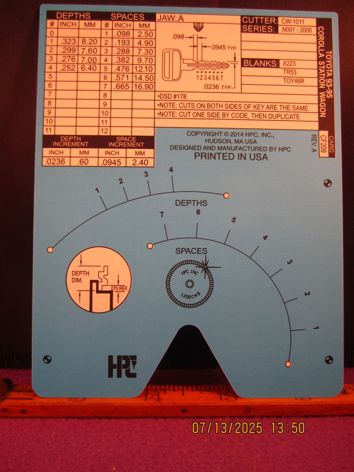 HPC 1200 BLITZ KEY CODE CARD CF 209 ( TOYOTA 93 THRU 95 COROLLA STAT ) BRAND NEW