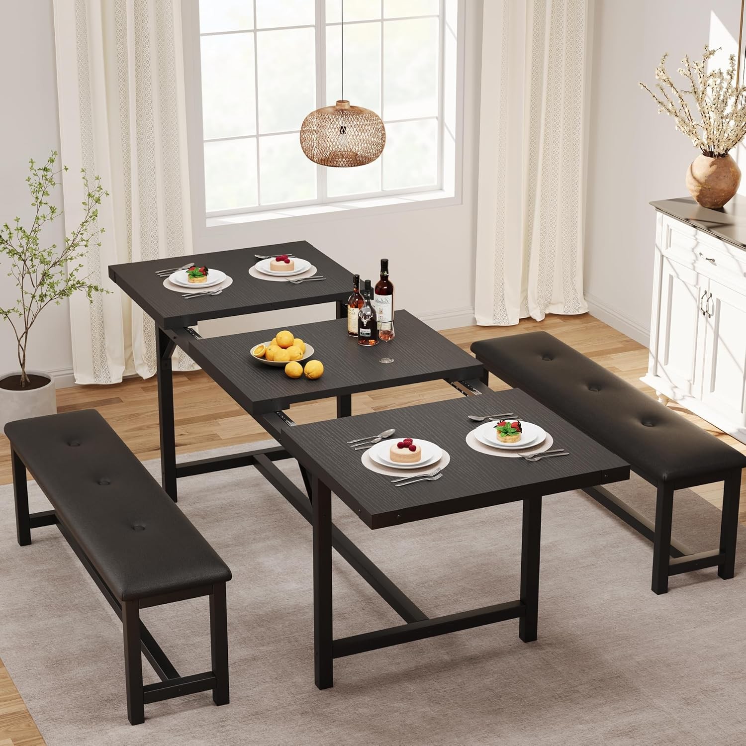 3PCS 63" Extendable Dining Table Set for 4-6 People Kitchen Table Set 2 Benches