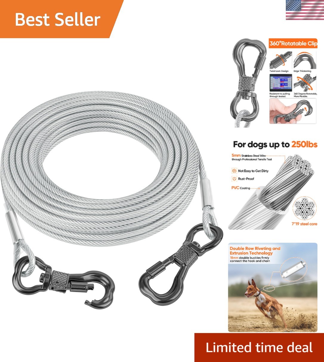Stainless Steel 15FT Dog Leash Cable - Reflective Tie Out for Dogs Up to 250lbs