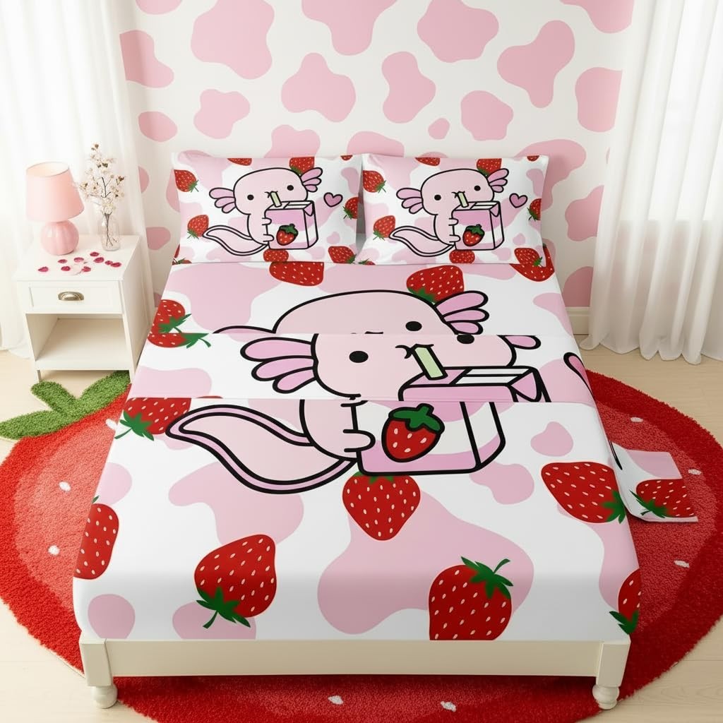 Cartoon Axolotl Bedding for Boys and Girls Pink Cow Print Kids Sheets Set Str...