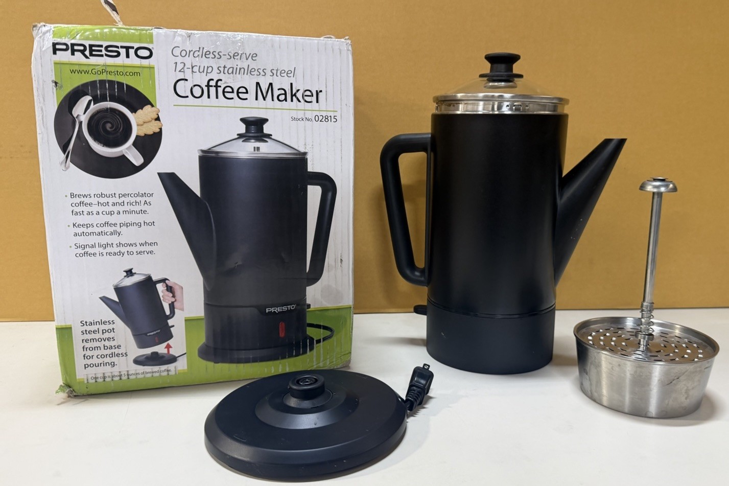 Presto Cordless Coffee Maker 12 Cup Stainless Steel Percolator 02815 | Fast Ship