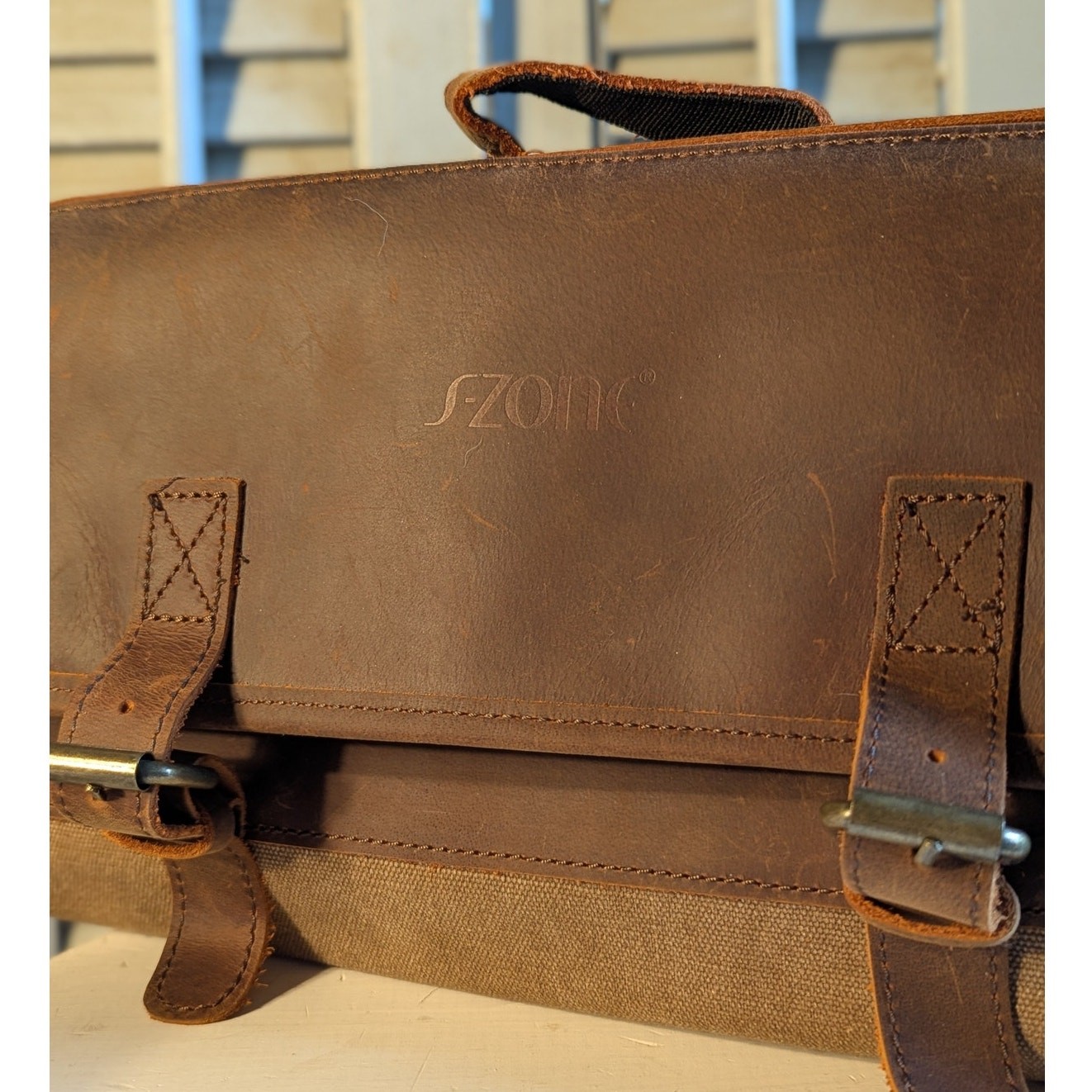 S-Zone brown leather and waxed canvas toiletry organizer