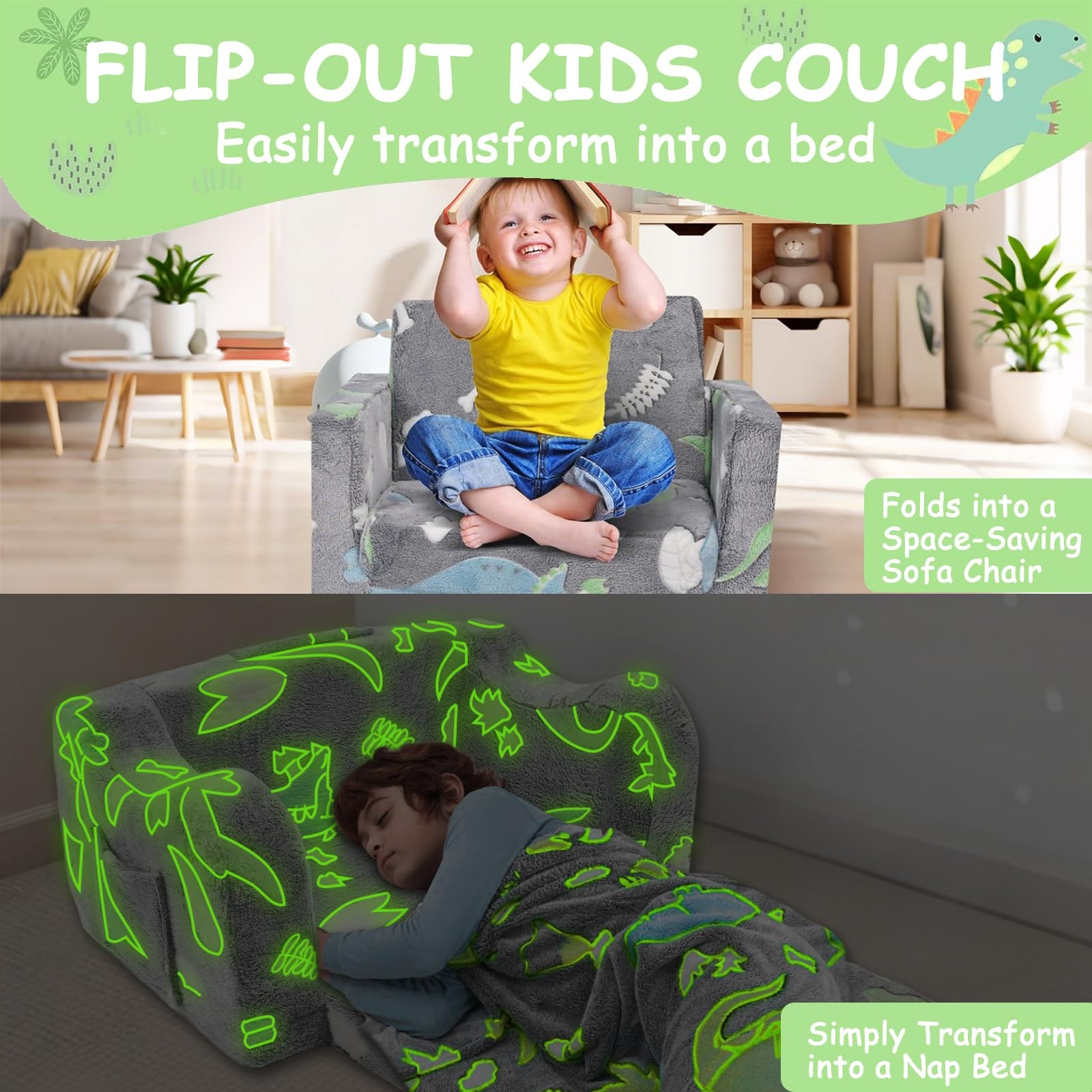 2-in-1 Soft Plush Toddler Couch & Chair – Fold Out Convertible Sofa to Lounge...