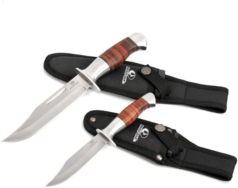 MOSSY OAK 2 PIECE Fixed Blade Full Tang Bowie Knife with Leather Handle w/Sheath