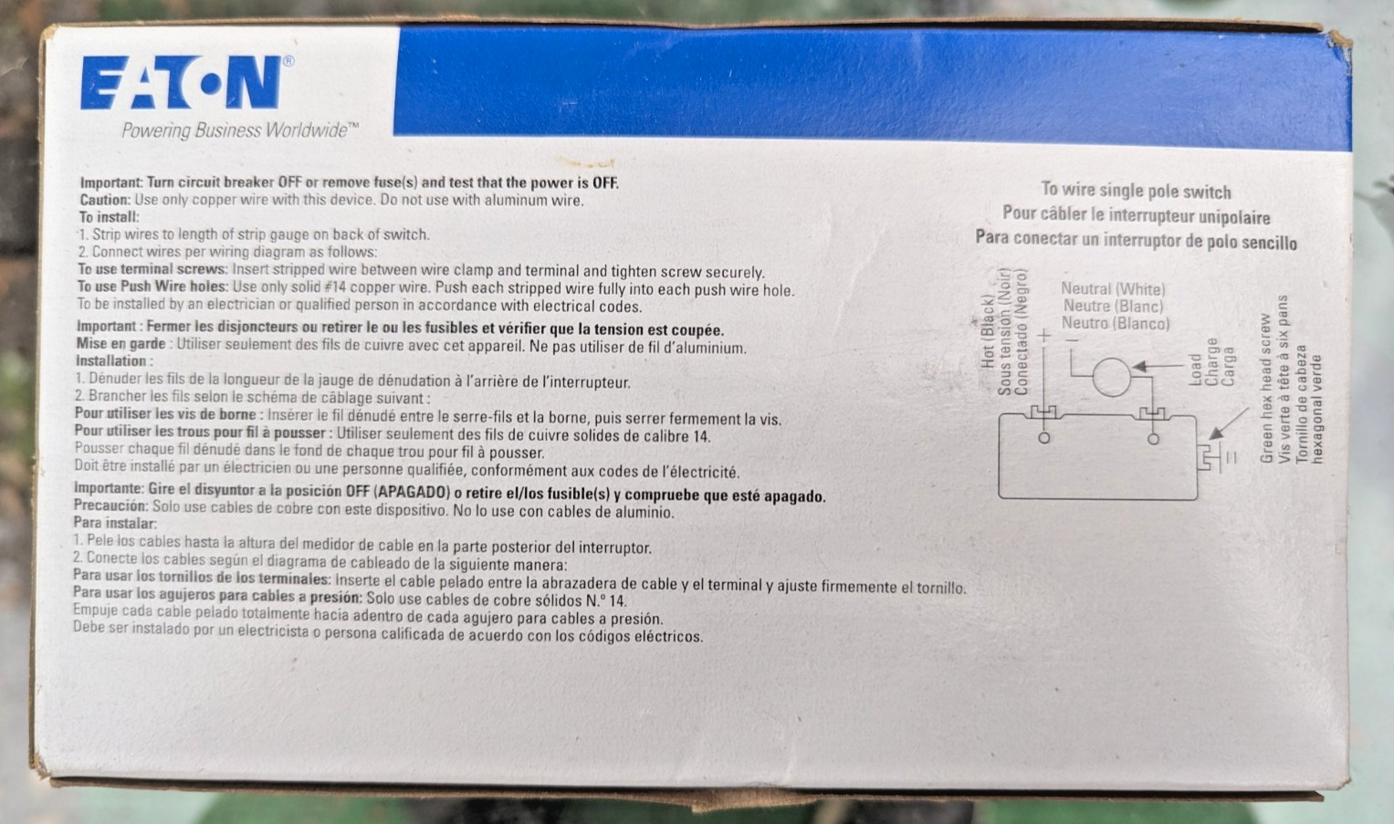 Eaton 7501W Single Pole Decorator Switch White Box Of 10