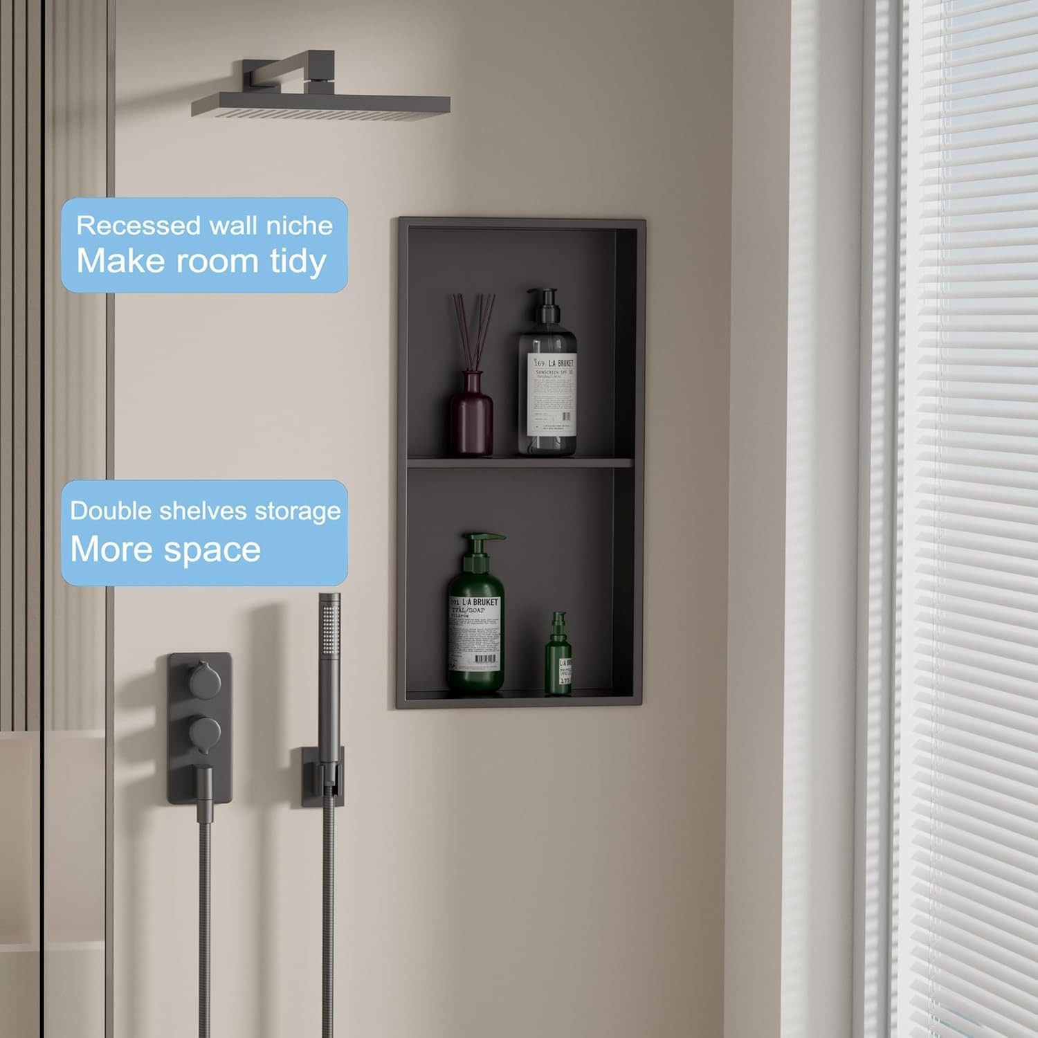 24 x 12 in Recessed Shower Niche with Double Shelves, Matte Black Stainless Stee