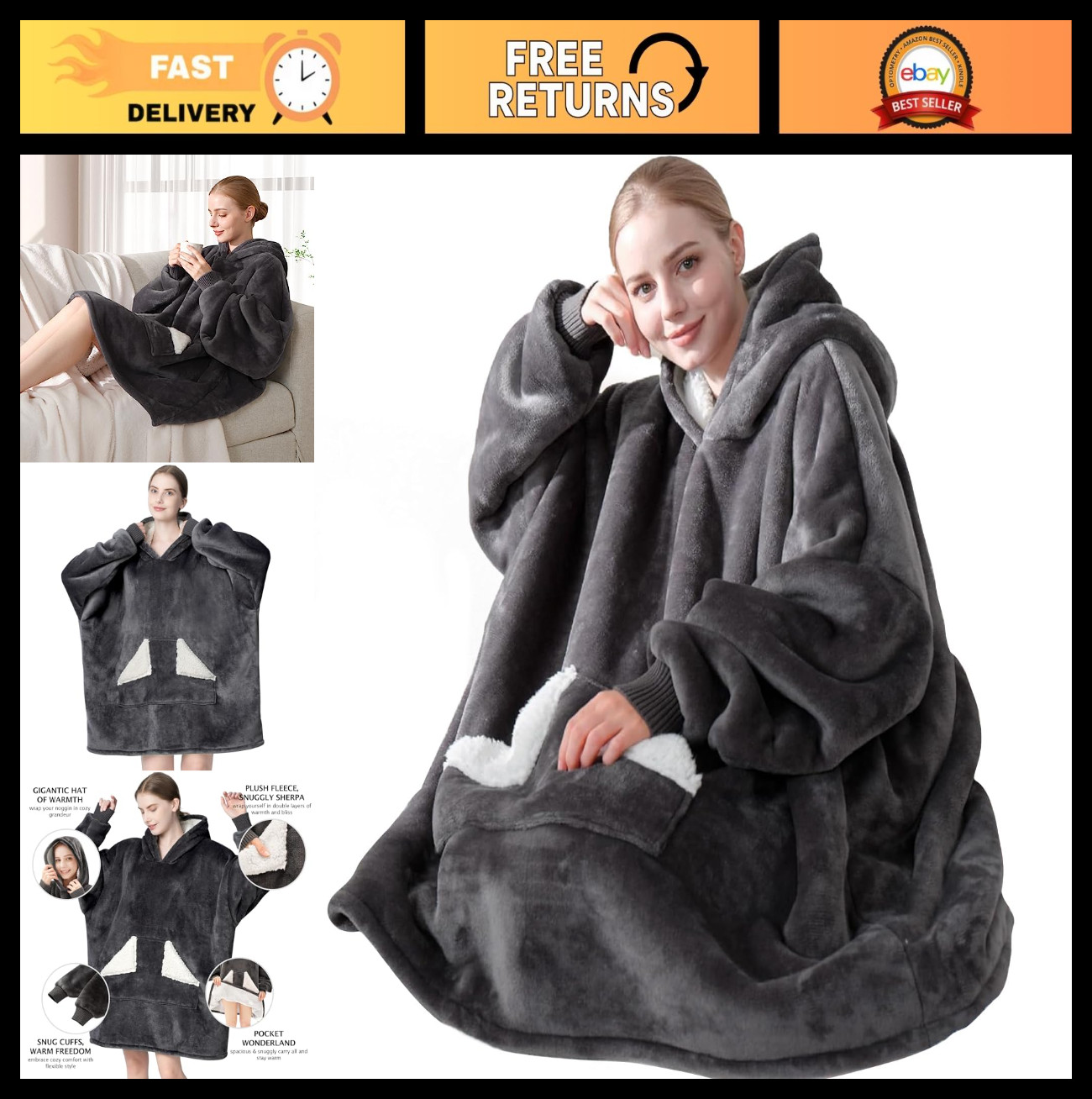 Oversized Sherpa Fleece Wearable Blanket Hoodie with Giant Hood & Sleeves - Cozy