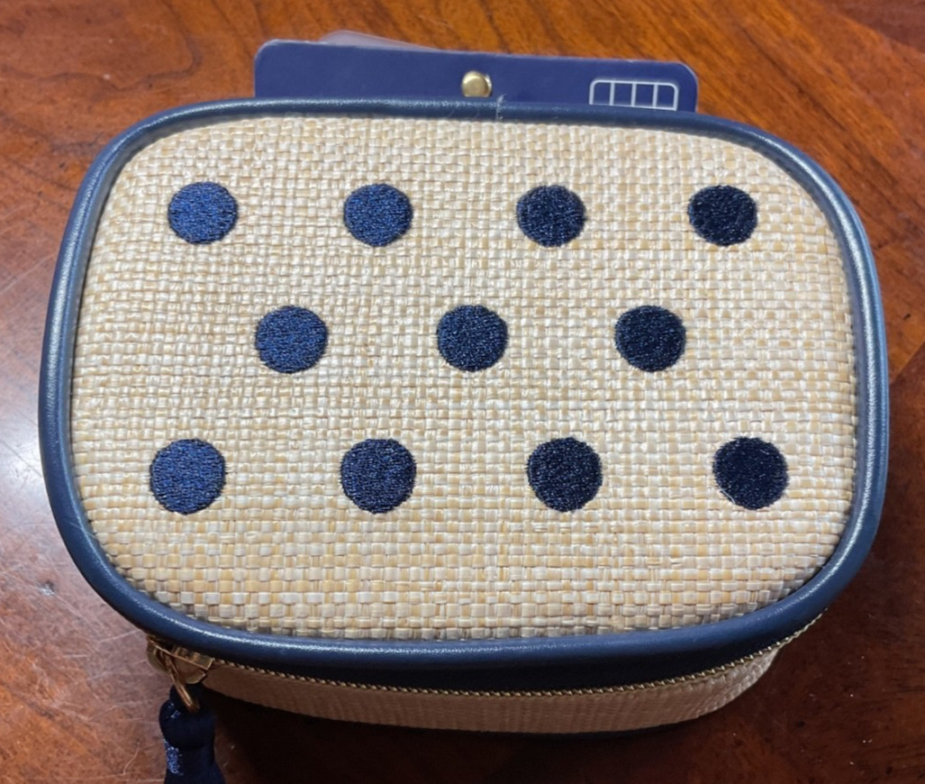 Trina Turk Travel Pill Case Organizer Tan Straw Blue Dots Tassel 8 SECTION NWT