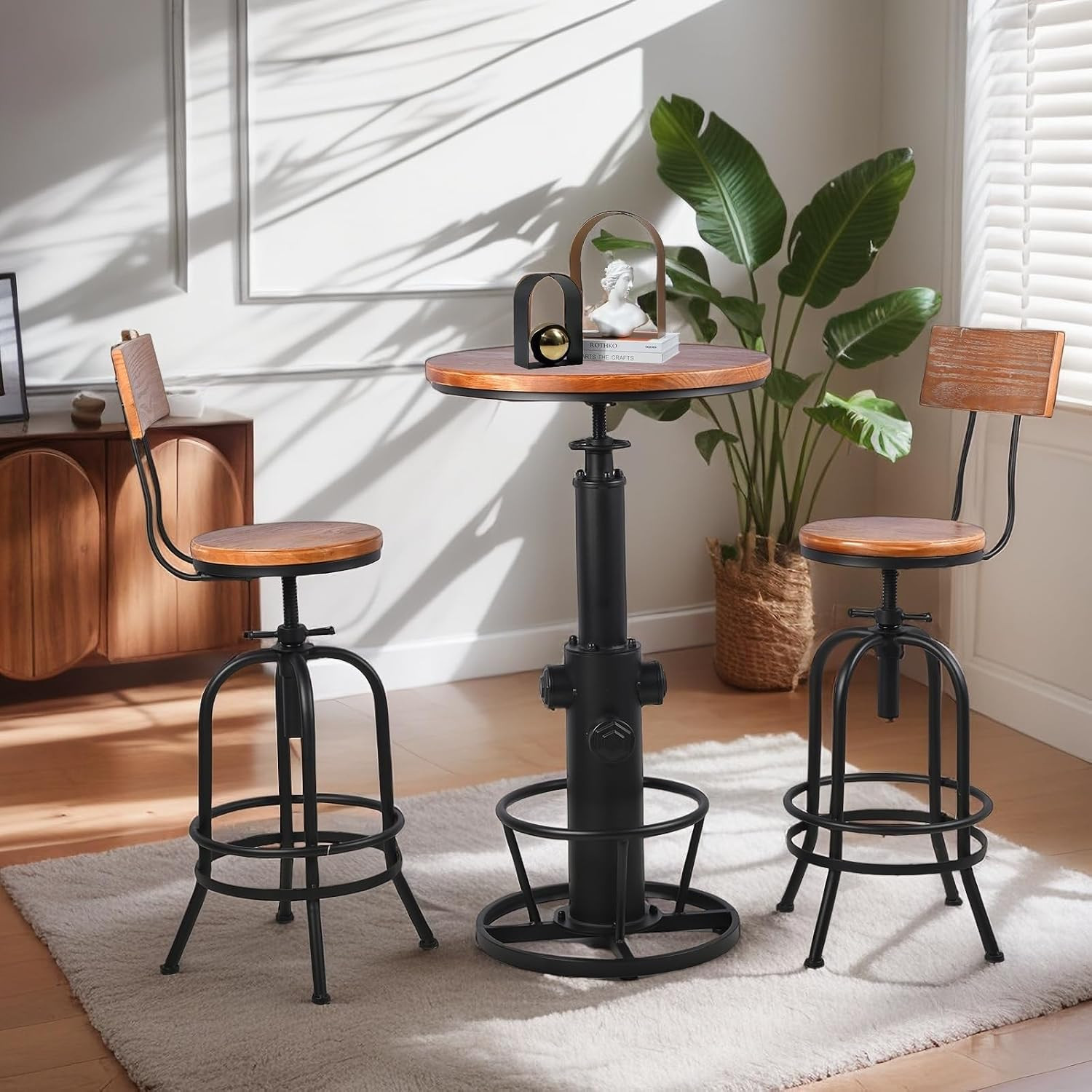 Vintage Bar Table and Stools with Backrest 3 Pieces Industrial Pub Table with Ch