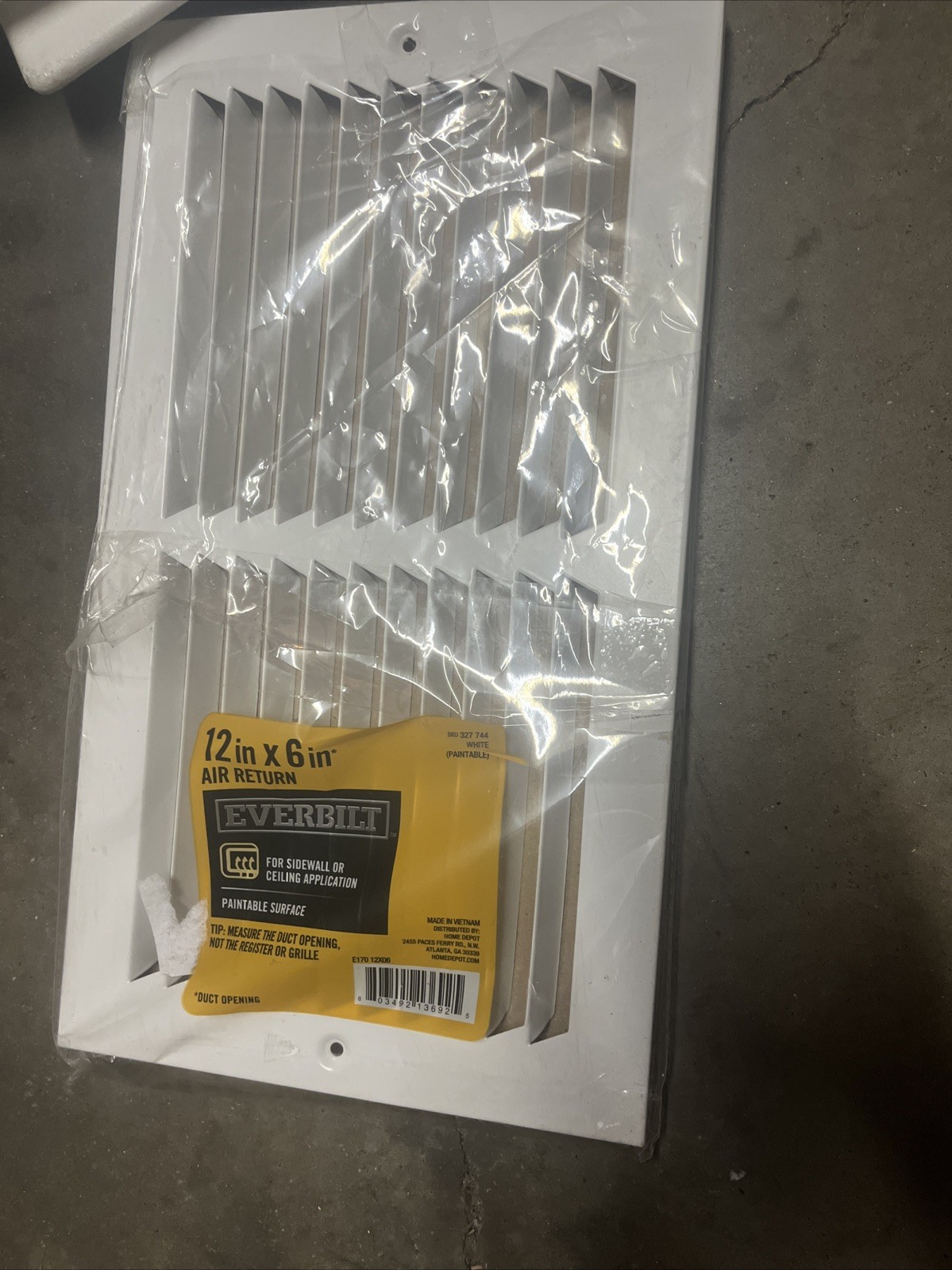 EVERBILT 327744 12" x 6" SIDEWALL OR CEILING AIR RETURN E170 WHITE