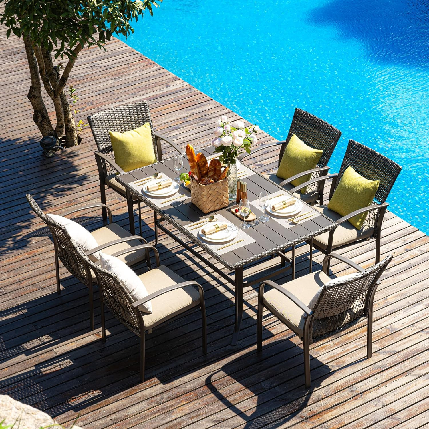 Pamapic 8504 Patio Dining 7 Piece, Outdoor Wicker Furniture Set for Backyard Gar