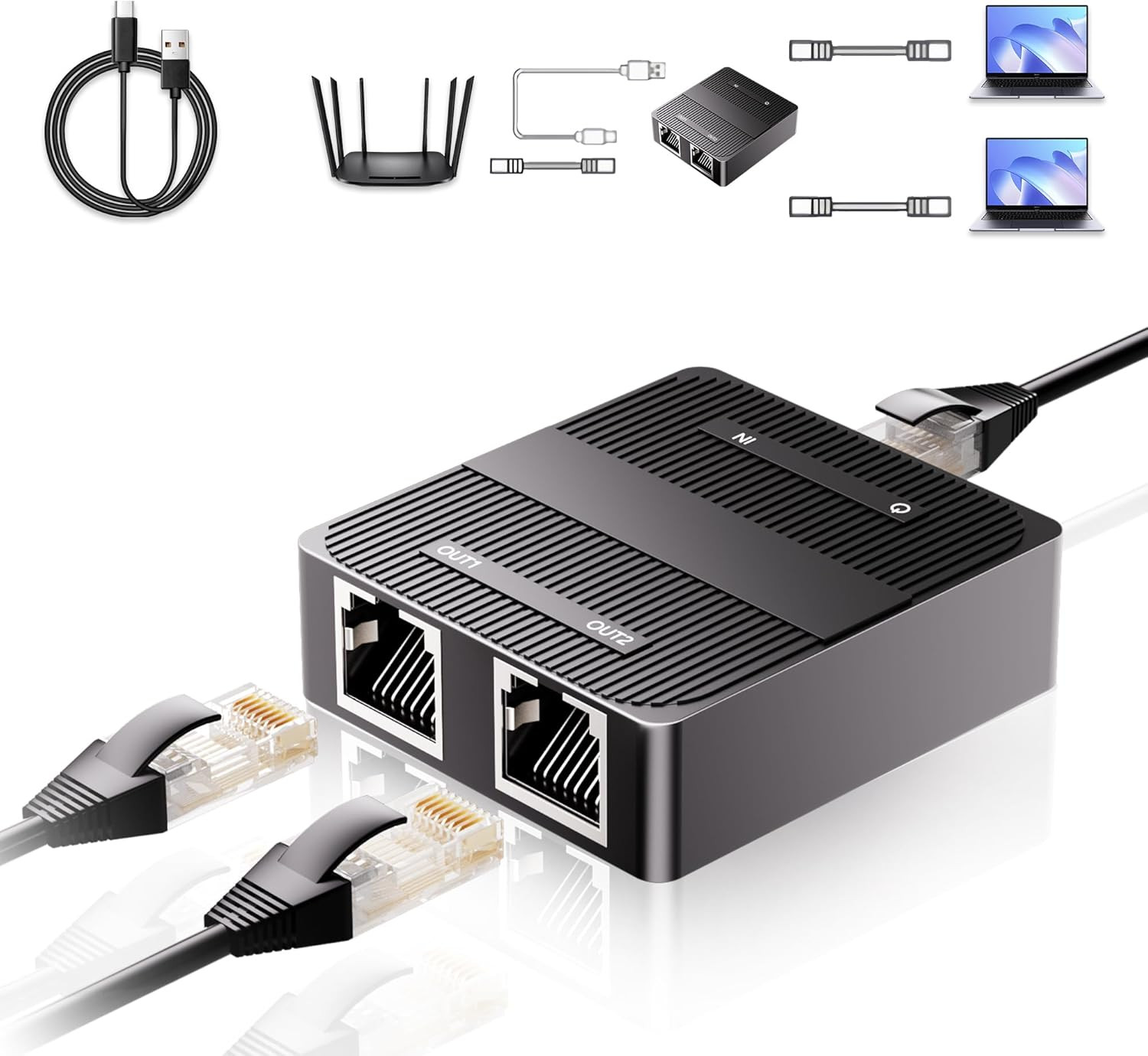 1 to 2 Gigabit Ethernet Splitter, 3-Port 1000Mbps Network Switch with Type-C Pow