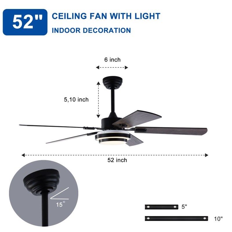 52" Modern Wood Ceiling Fan with Light 5 Double Sided Blade Reversible Remote