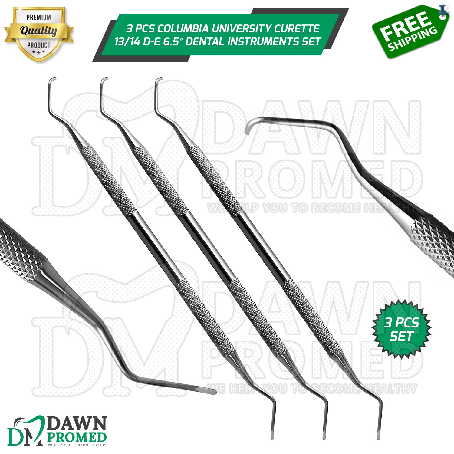 3 Pcs Columbia University Curette 13/14 Double Ended 6.5″ Dental Instruments Set