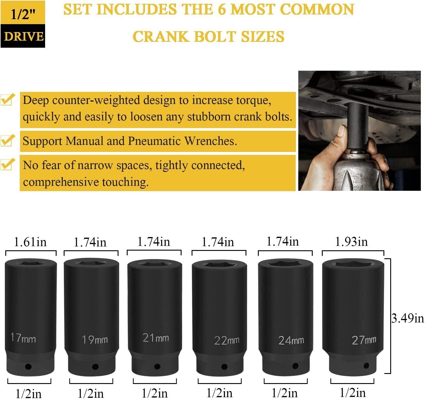 1/2’’ Drive Weighted Crank Bolt Socket Set, 17MM, 19MM, 21MM, 22MM, 24MM, 27MM